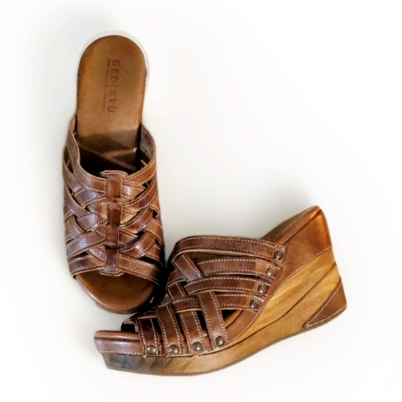 Bed Stu Shoes - SOLD Bed Stu Gina Tan Rustic Genuine Leather Slides Heels Sandals Platforms 11
